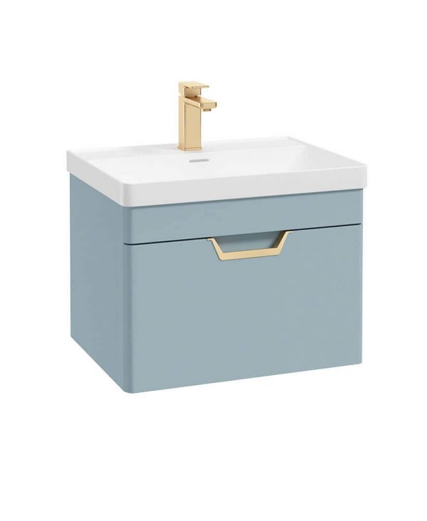  FREYA 60cm 1 Drawer Wall Hung Vanity Unit Matt Morning Sky Blue-Gold Handle