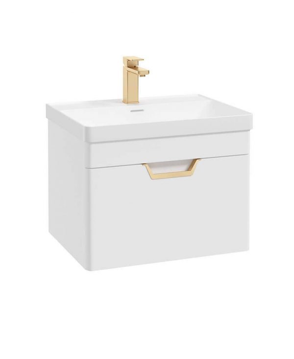  FREYA 60cm 1 Drawer Wall Hung Vanity Unit Matt White-Gold Handle