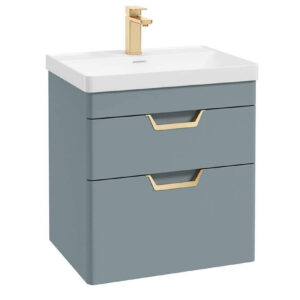 FREYA 60cm 2 Drawer Wall Hung Vanity Unit Matt Coral Green-Gold Handle