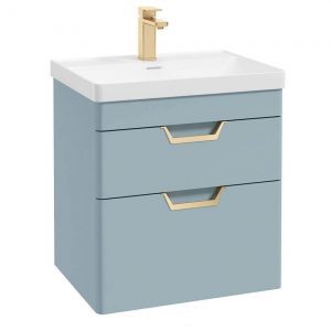 FREYA 60cm 2 Drawer Wall Hung Vanity Unit Matt Morning Sky Blue-Gold Handle