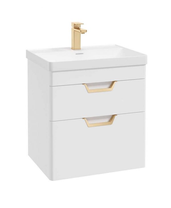  FREYA 60cm 2 Drawer Wall Hung Vanity Unit Matt White-Gold Handle