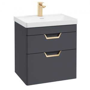 FREYA 60cm 2 Drawer Wall Hung Vanity Unit Matt Night Sky Blue-Gold Handle