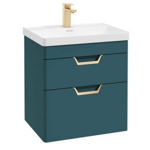 FREYA 60cm 2 Drawer Wall Hung Vanity Unit Matt Ocean Blue-Gold Handle