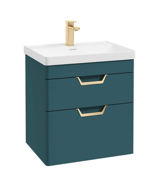  FREYA 60cm 2 Drawer Wall Hung Vanity Unit Matt Ocean Blue-Gold Handle