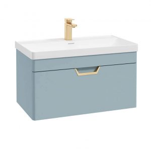 FREYA 80cm 1 Drawer Wall Hung Vanity Unit Matt Morning Sky Blue-Gold Handle