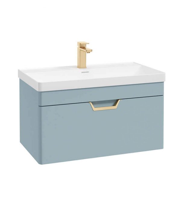  FREYA 80cm 1 Drawer Wall Hung Vanity Unit Matt Morning Sky Blue-Gold Handle