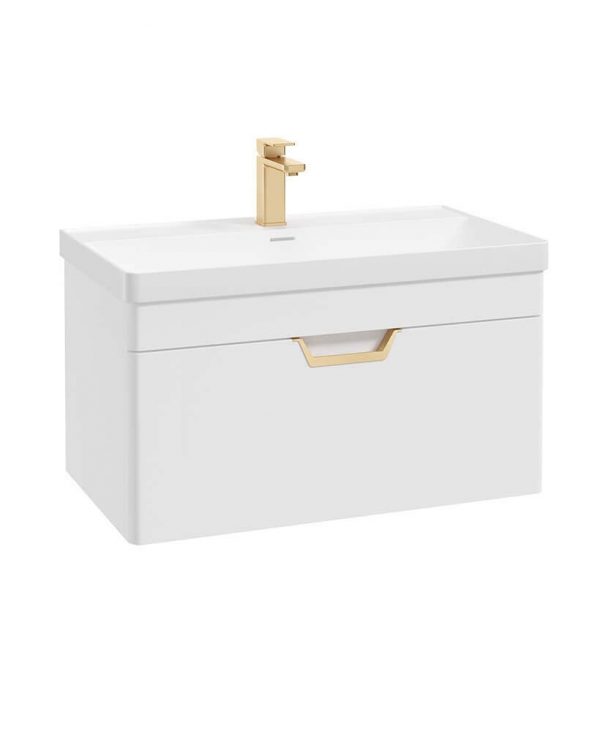  FREYA 80cm 1 Drawer Wall Hung Vanity Unit Matt White-Gold Handle