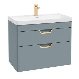 FREYA 80cm 2 Drawer Wall Hung Vanity Unit Matt Coral Green-Gold Handle