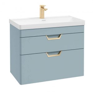 FREYA 80cm 2 Drawer Wall Hung Vanity Unit Matt Morning Sky Blue-Gold Handle