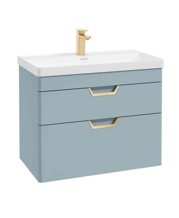  FREYA 80cm 2 Drawer Wall Hung Vanity Unit Matt Morning Sky Blue-Gold Handle