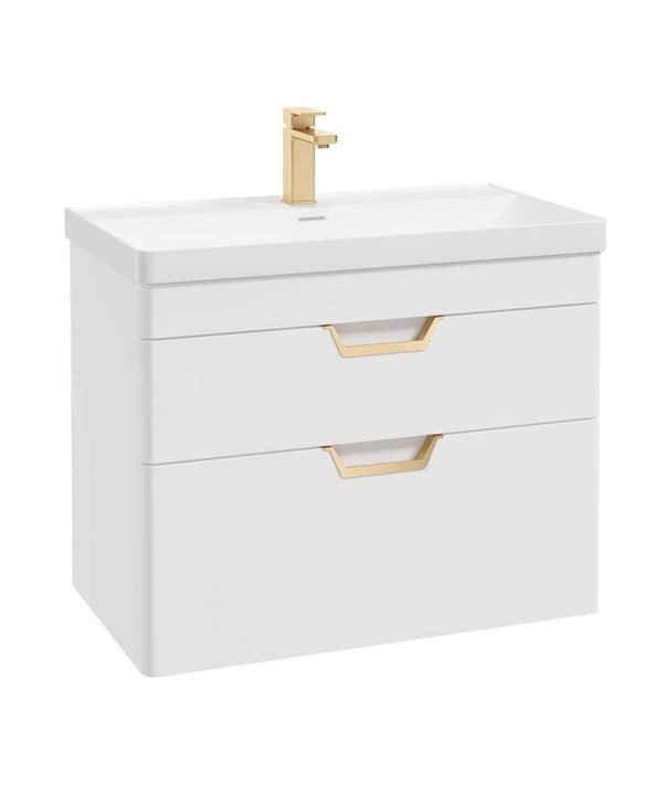  FREYA 80cm 2 Drawer Wall Hung Vanity Unit Matt White-Gold Handle