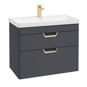 FREYA 80cm 2 Drawer Wall Hung Vanity Unit Matt Night Sky Blue-Gold Handle