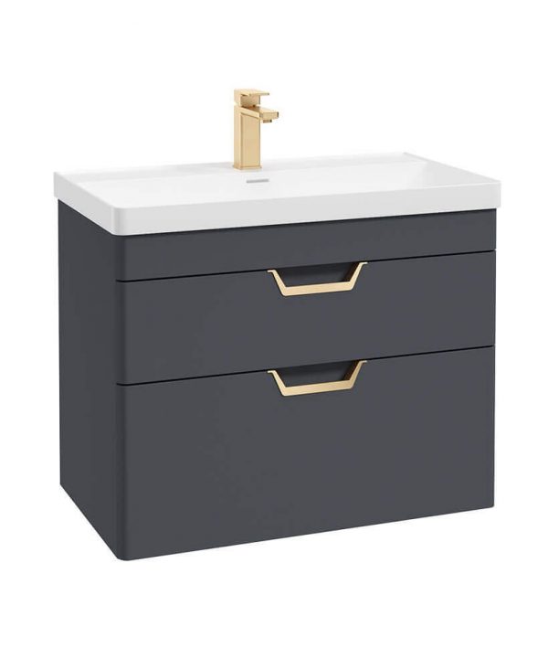  FREYA 80cm 2 Drawer Wall Hung Vanity Unit Matt Night Sky Blue-Gold Handle