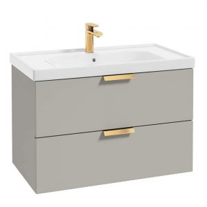 STOCKHOLM Arctic Grey Matt 80cm Wall Hung Vanity Unit - Brushed Gold Handle