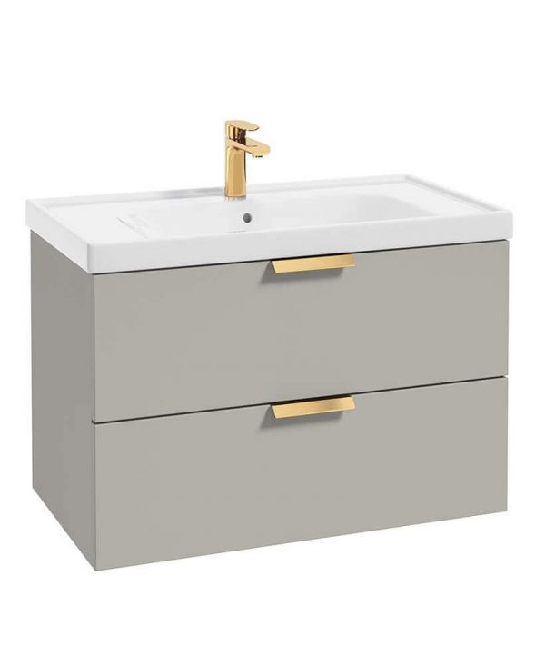  STOCKHOLM Arctic Grey Matt 80cm Wall Hung Vanity Unit - Brushed Gold Handle