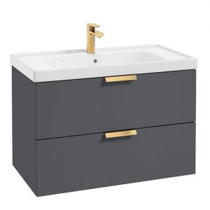 STOCKHOLM Midnight Grey Matt 80cm Wall Hung Vanity Unit - Brushed Gold Handle