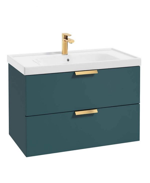  STOCKHOLM Ocean Blue Matt 80cm Wall Hung Vanity Unit - Brushed Gold Handle