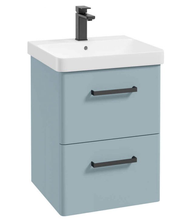  KORA  50cm Wall Hung 2 Drawer Vanity Unit Matt Morning Sky Blue-Black Handles