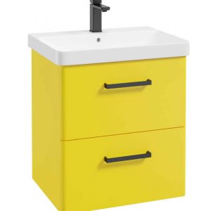 KORA  60cm Wall Hung 2 Drawer Vanity Unit Sun-Kissed Yellow Matt-Black Handles