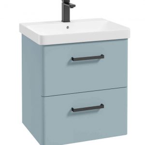 KORA  60cm Wall Hung 2 Drawer Vanity Unit Matt Morning Sky Blue-Black Handles