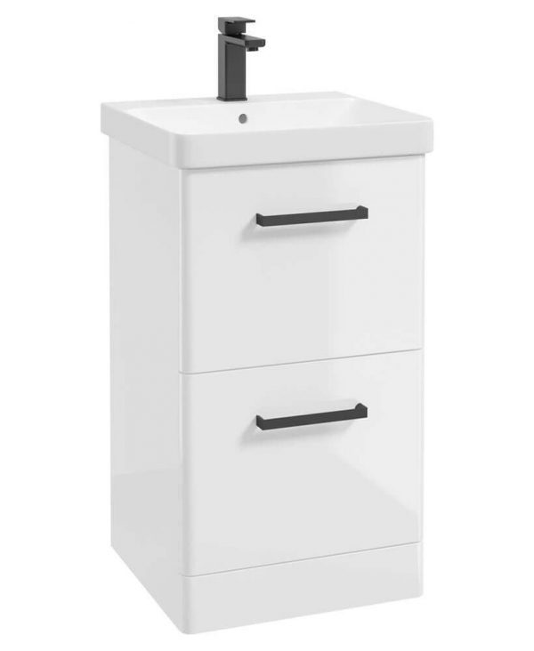  KORA  50cm Floor Standing 2 Drawer Vanity Unit Gloss White-Black Handles