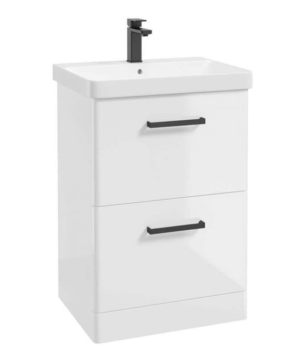  KORA  60cm Floor Standing 2 Drawer Vanity Unit Gloss White-Black Handles