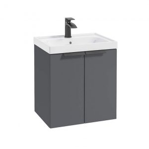 STOCKHOLM 50cm Two Door Wall Hung Matt Midnight Grey Vanity Unit - Matt Black Handles