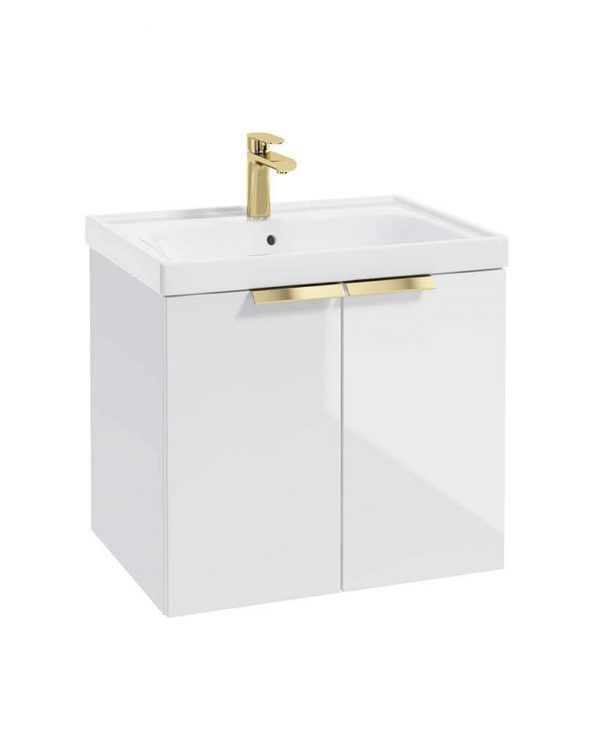  STOCKHOLM 60cm Two Door Wall Hung Gloss White Vanity Unit - Brushed Gold Handles