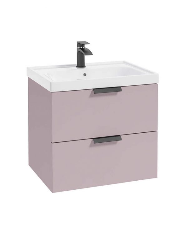  STOCKHOLM 60cm Two Drawer Wall Hung Matt Cashmere Pink Vanity Unit - Matt Black Handles