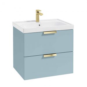 STOCKHOLM 60cm Two Drawer Wall Hung Matt Morning Sky Blue Vanity Unit - Brushed Gold Handles