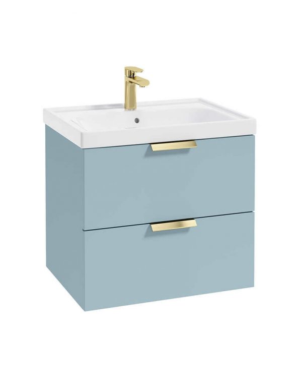  STOCKHOLM 60cm Two Drawer Wall Hung Matt Morning Sky Blue Vanity Unit - Brushed Gold Handles