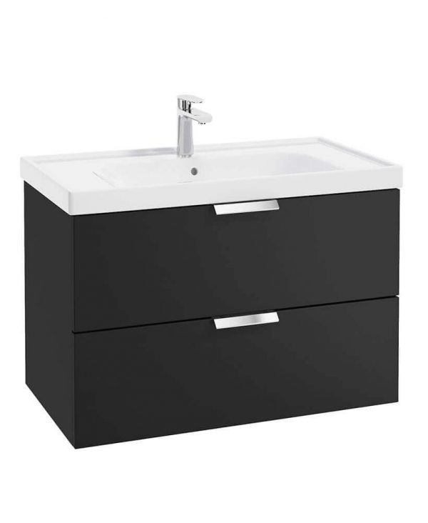  STOCKHOLM 80cm Two Drawer Wall Hung Matt Black Vanity Unit - Brushed Chrome Handles