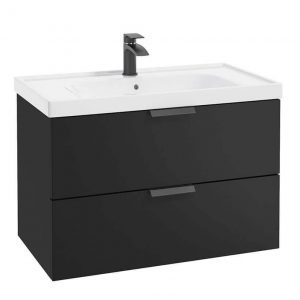 STOCKHOLM 80cm Two Drawer Wall Hung Matt Black Vanity Unit - Matt Black Handles