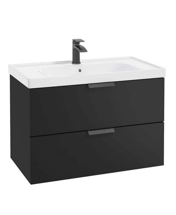  STOCKHOLM 80cm Two Drawer Wall Hung Matt Black Vanity Unit - Matt Black Handles