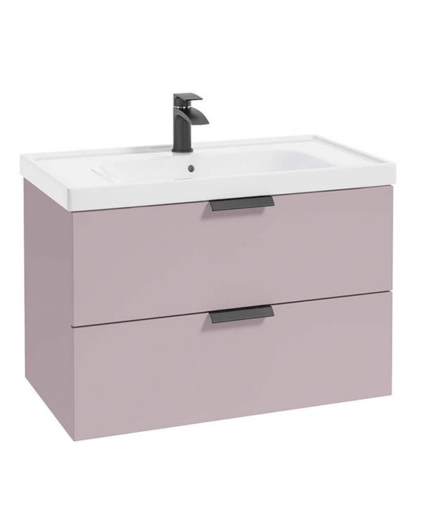  STOCKHOLM 80cm Two Drawer Wall Hung Matt Cashmere Pink Vanity Unit - Matt Black Handles