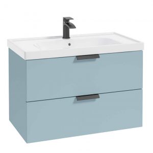 STOCKHOLM 80cm Two Drawer Wall Hung Matt Morning Sky Blue Vanity Unit - Matt Black Handles