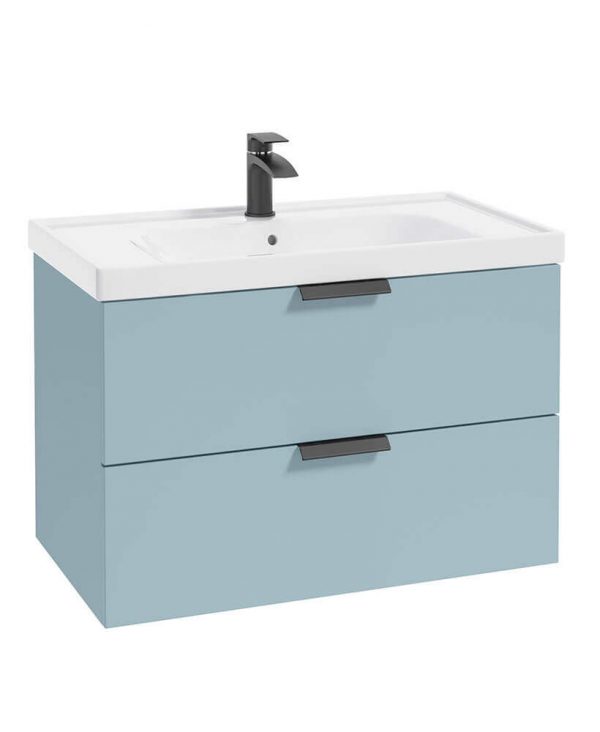  STOCKHOLM 80cm Two Drawer Wall Hung Matt Morning Sky Blue Vanity Unit - Matt Black Handles