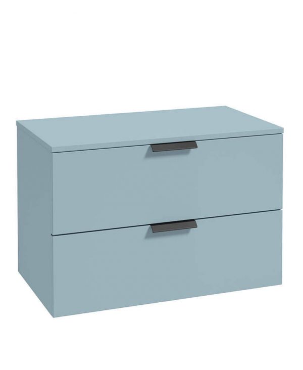  STOCKHOLM 80cm Two Drawer Wall Hung Matt Morning Sky Blue Countertop Vanity Unit - Matt Black Handles