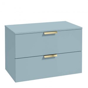 STOCKHOLM 80cm Two Drawer Wall Hung Matt Morning Sky Blue Countertop Vanity Unit - Brushed Gold Handles