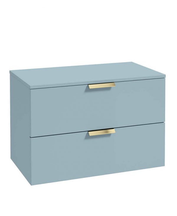  STOCKHOLM 80cm Two Drawer Wall Hung Matt Morning Sky Blue Countertop Vanity Unit - Brushed Gold Handles