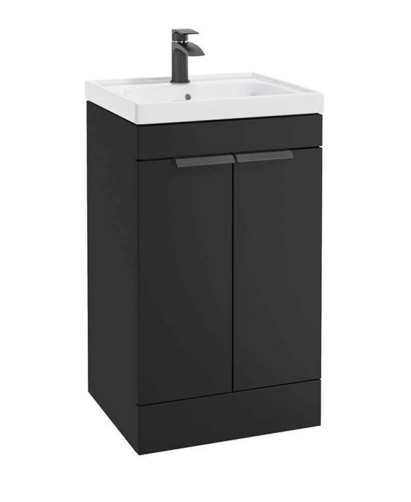  STOCKHOLM 50cm Two Door Floor Standing Matt Black Vanity Unit - Matt Black Handles