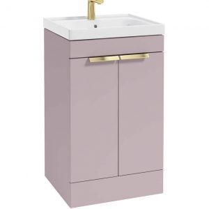 STOCKHOLM 50cm Two Door Floor Standing Matt Cashmere Pink Vanity Unit - Brushed Gold Handles