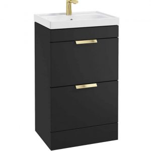 STOCKHOLM 50cm Two Drawer Floor Standing Matt Black Vanity Unit - Brushed Gold Handles