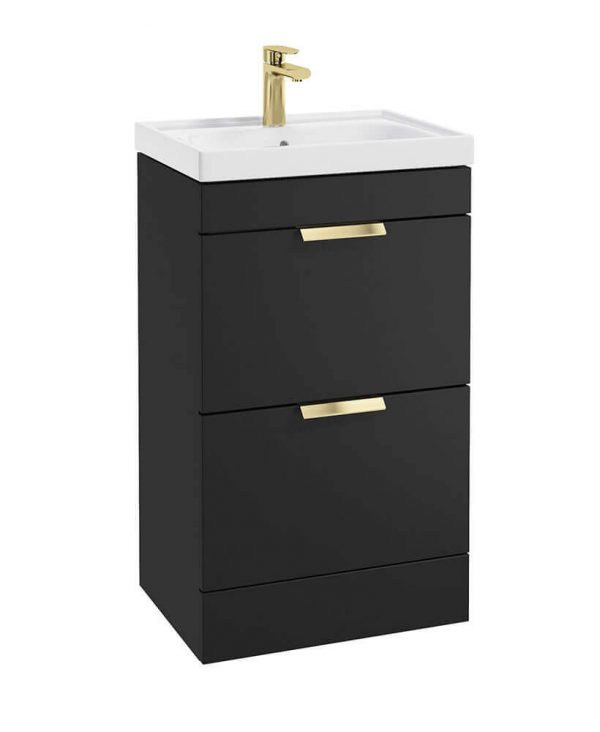  STOCKHOLM 50cm Two Drawer Floor Standing Matt Black Vanity Unit - Brushed Gold Handles