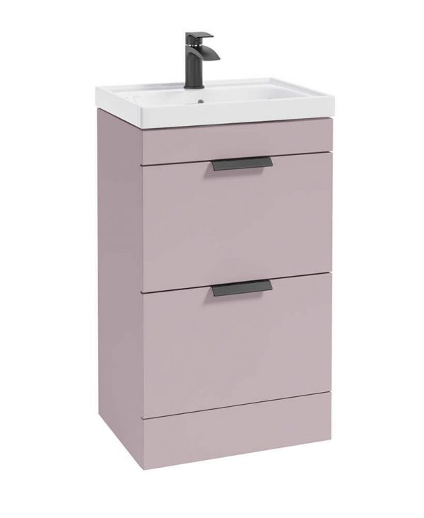  STOCKHOLM 50cm Two Drawer Floor Standing Matt Cashmere Pink Vanity Unit - Matt Black Handles