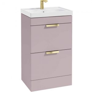 STOCKHOLM 50cm Two Drawer Floor Standing Matt Cashmere Pink Vanity Unit - Brushed Gold Handles