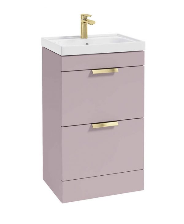  STOCKHOLM 50cm Two Drawer Floor Standing Matt Cashmere Pink Vanity Unit - Brushed Gold Handles