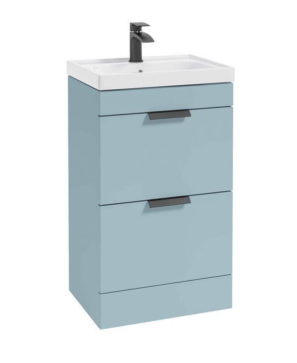  STOCKHOLM 50cm Two Drawer Floor Standing Matt Morning Sky Blue Vanity Unit - Matt Black Handles