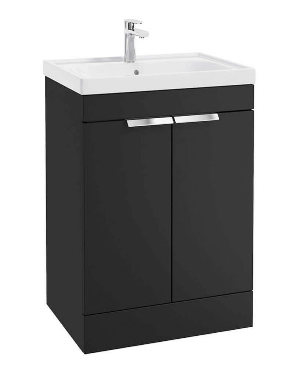  STOCKHOLM 60cm Two Door Floor Standing Matt Black Vanity Unit - Brushed Chrome Handles