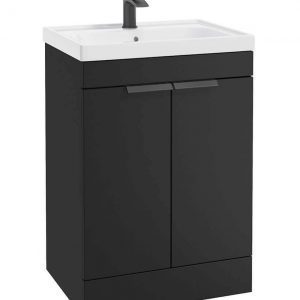 STOCKHOLM 60cm Two Door Floor Standing Matt Black Vanity Unit - Matt Black Handles